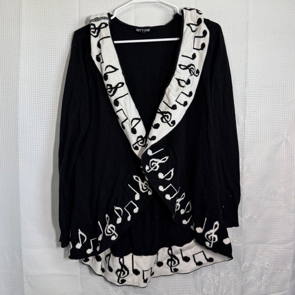 Hot Topic Cardigan Music Note Cotton Blend Hooded Open Front Emo Goth Sweater SM
